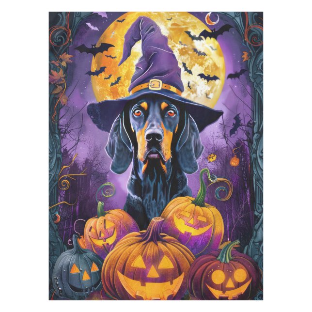 Spooky Bluetick Coonhound Halloween Witch Pumpkin Tablecloth (Front)