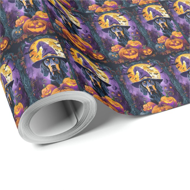 Spooky Bluetick Coonhound Halloween Witch Pumpkin Wrapping Paper (Roll Corner)