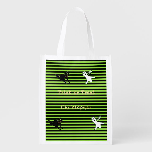 Spooky Boo Ghost Black Cat Kids Halloween Candy Grocery Bag (Front)