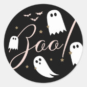 Spooky Boo! Halloween Ghost & Bats Black Classic Round Sticker (Front)