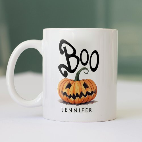 Spooky Boo Orange Black Halloween Pumpkin Name Two_Tone Coffee Mug