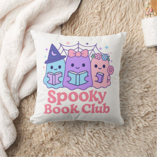 Spooky Book Club Cute Ghost Reading Throw Pillow