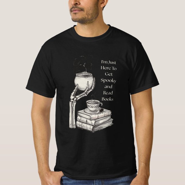 Spooky & Books: Witchy Skeleton Hand Cauldron T-Shirt (Front)