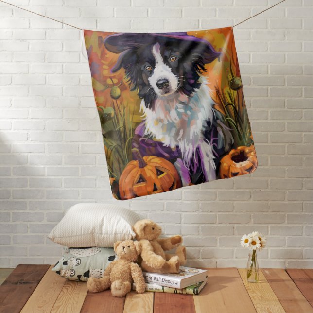 Spooky Border Collie Halloween Witch And Pumpkin Baby Blanket (In Situ)