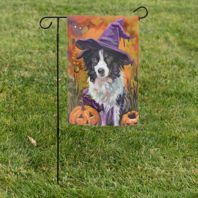 Spooky Border Collie Halloween Witch And Pumpkin Garden Flag (In SItu)