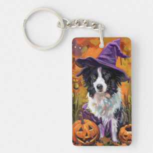 Spooky Border Collie Halloween Witch And Pumpkin Keychain