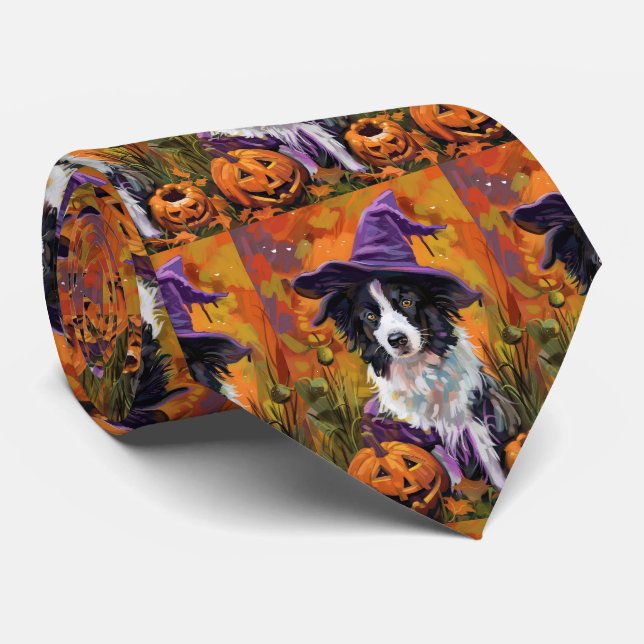 Spooky Border Collie Halloween Witch And Pumpkin Neck Tie (Rolled)