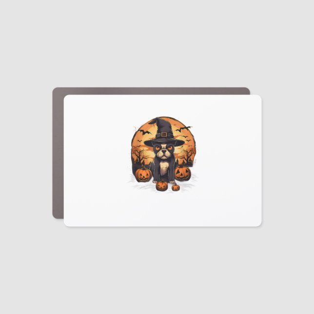 Spooky Boston Terrier Dog Witch Halloween T-Shirt Car Magnet (Front)