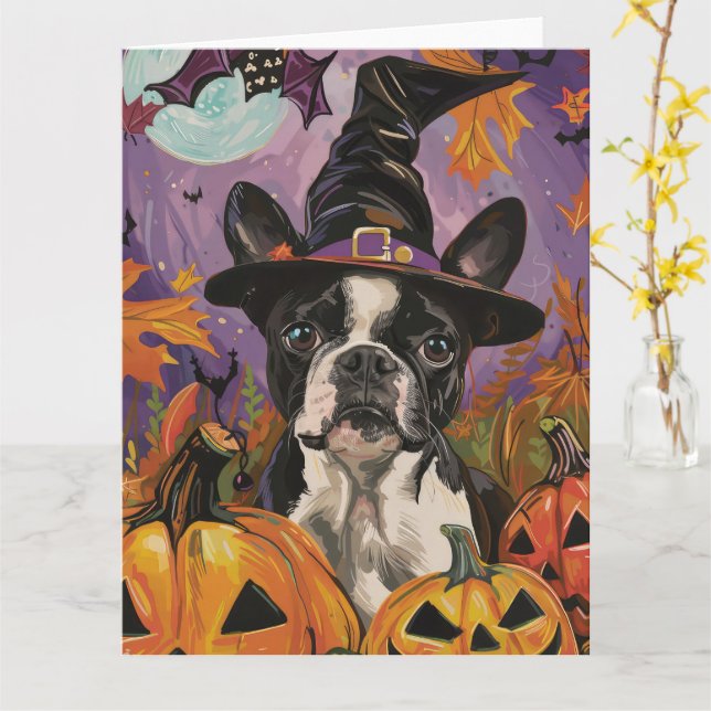 Spooky Boston Terrier Halloween Witch And Pumpkin Card (Yellow Flower)