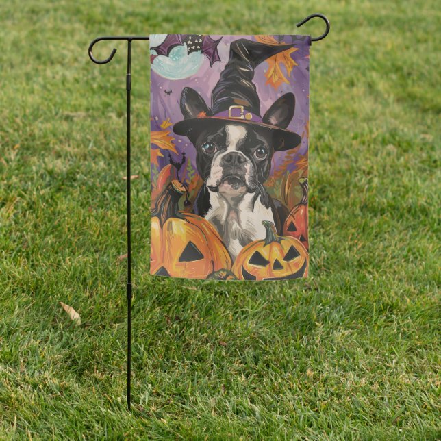 Spooky Boston Terrier Halloween Witch And Pumpkin Garden Flag (In SItu)