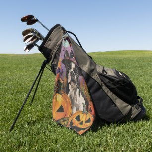 Spooky Boston Terrier Halloween Witch And Pumpkin Golf Towel