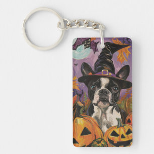 Spooky Boston Terrier Halloween Witch And Pumpkin Keychain