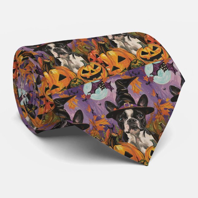 Spooky Boston Terrier Halloween Witch And Pumpkin Neck Tie (Rolled)