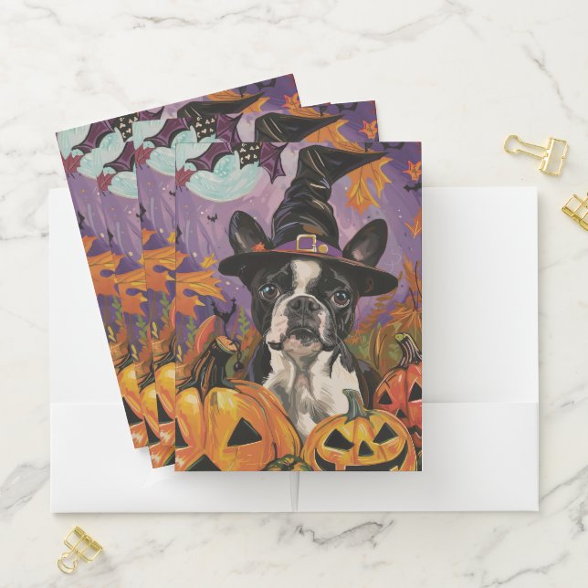 Spooky Boston Terrier Halloween Witch And Pumpkin Pocket Folder (In Situ)