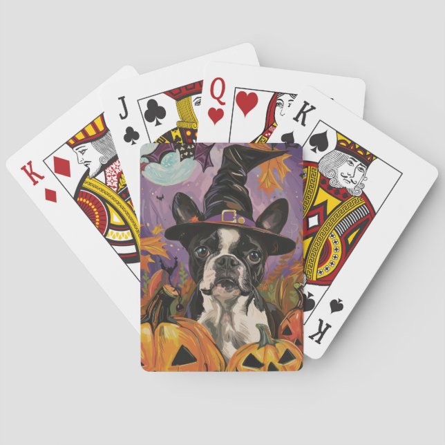 Spooky Boston Terrier Halloween Witch And Pumpkin Poker Cards (Back)