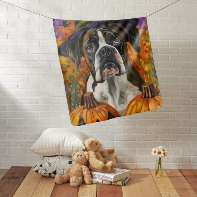 Spooky Boxer Halloween Witch And Pumpkin Baby Blanket (In Situ)