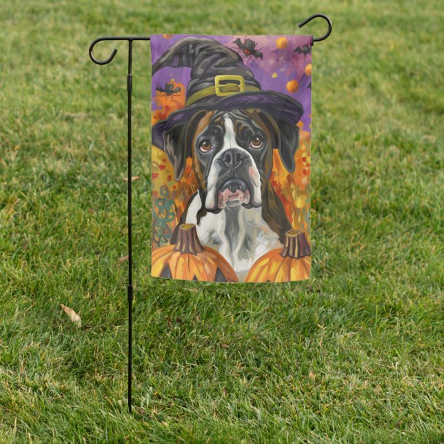 Spooky Boxer Halloween Witch And Pumpkin Garden Flag (In SItu)