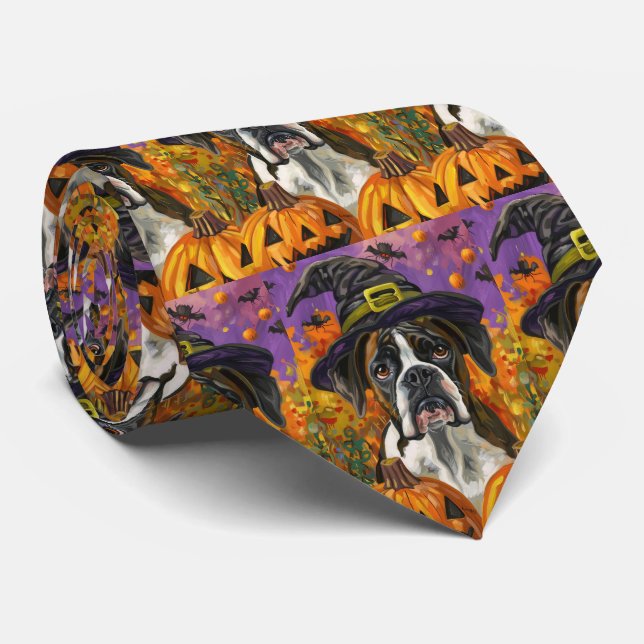 Spooky Boxer Halloween Witch And Pumpkin Neck Tie (Rolled)