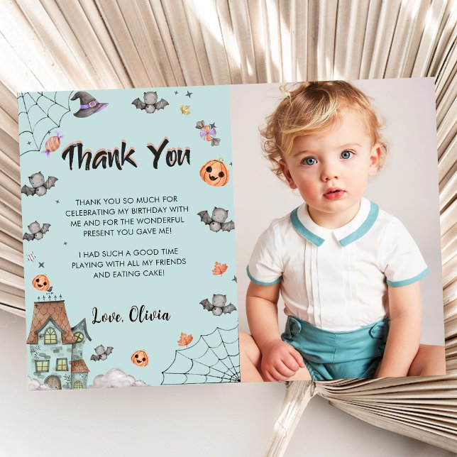 Spooky Boy Halloween Birthday Party Photo Thank You Card (Creator Uploaded)