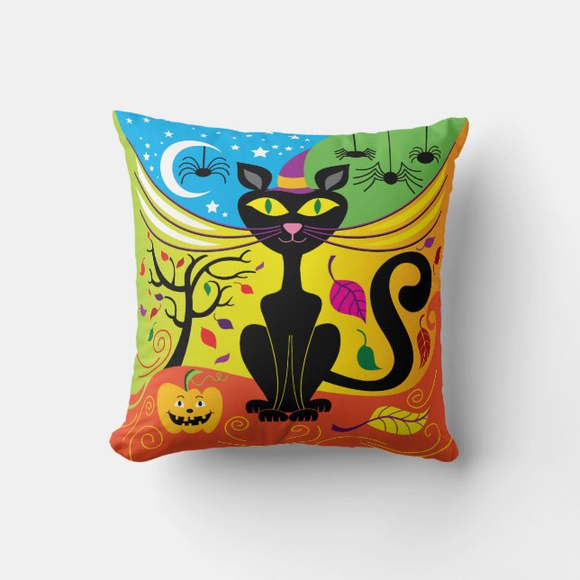 Spooky Breeze Cat Throw Pillow (Front)