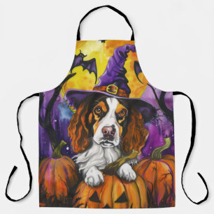 Spooky Brittany Spaniel Halloween Witch Pumpkin Apron