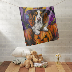Spooky Brittany Spaniel Halloween Witch Pumpkin Baby Blanket