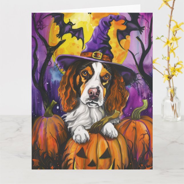 Spooky Brittany Spaniel Halloween Witch Pumpkin  Card (Yellow Flower)