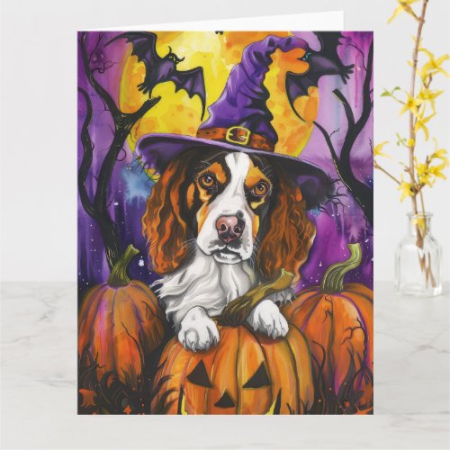 Spooky Brittany Spaniel Halloween Witch Pumpkin  Card