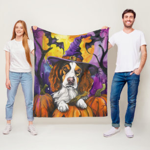 Spooky Brittany Spaniel Halloween Witch Pumpkin Fleece Blanket