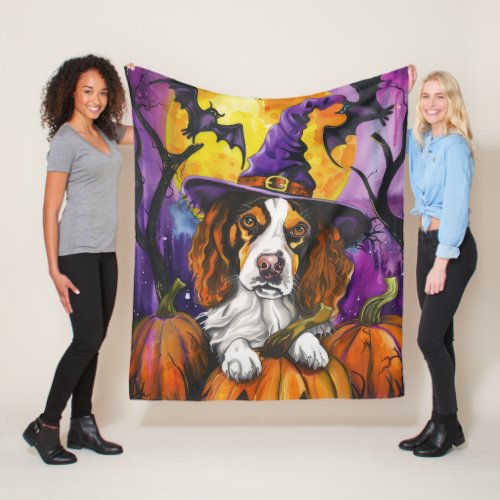 Spooky Brittany Spaniel Halloween Witch Pumpkin  Fleece Blanket