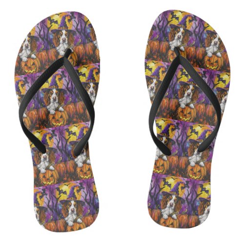 Spooky Brittany Spaniel Halloween Witch Pumpkin  Flip Flops