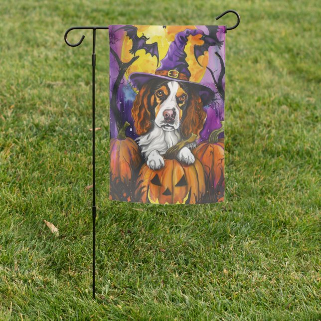 Spooky Brittany Spaniel Halloween Witch Pumpkin  Garden Flag (In SItu)