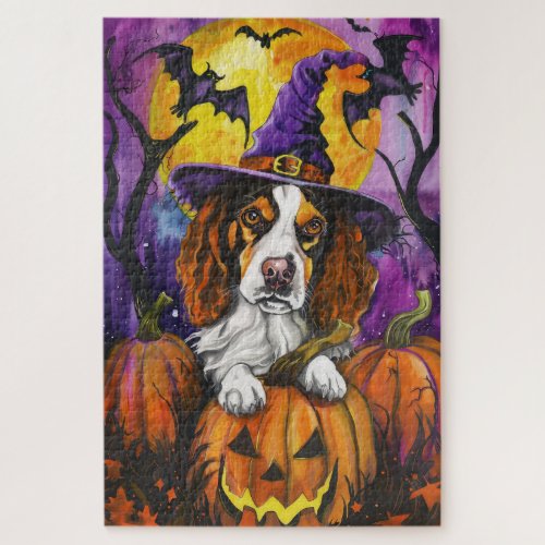 Spooky Brittany Spaniel Halloween Witch Pumpkin  Jigsaw Puzzle