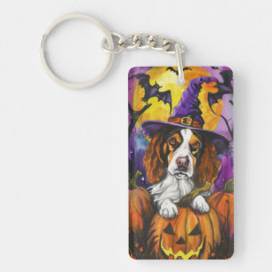 Spooky Brittany Spaniel Halloween Witch Pumpkin Keychain