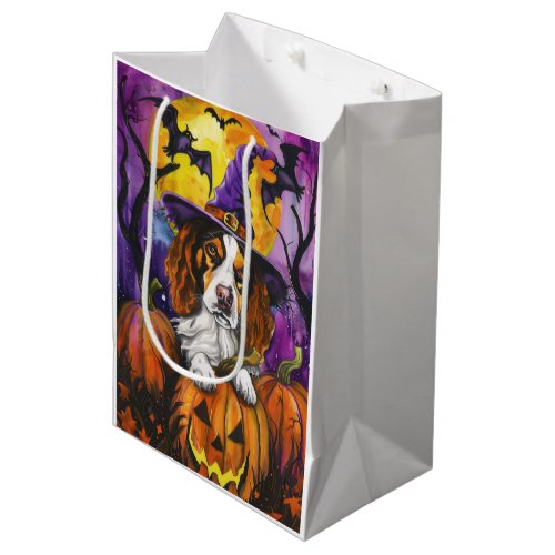 Spooky Brittany Spaniel Halloween Witch Pumpkin  Medium Gift Bag