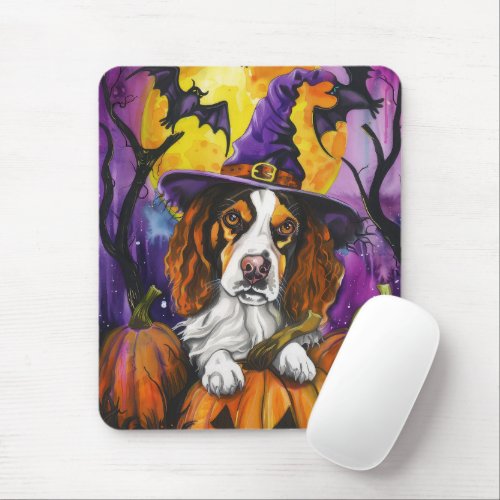 Spooky Brittany Spaniel Halloween Witch Pumpkin  Mouse Pad