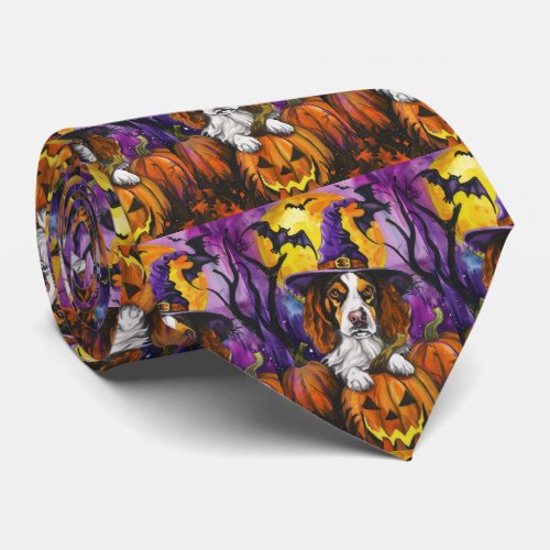 Spooky Brittany Spaniel Halloween Witch Pumpkin  Neck Tie