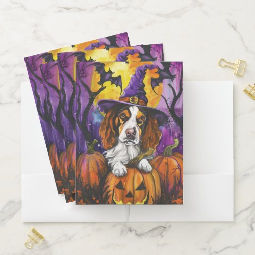 Spooky Brittany Spaniel Halloween Witch Pumpkin  Pocket Folder