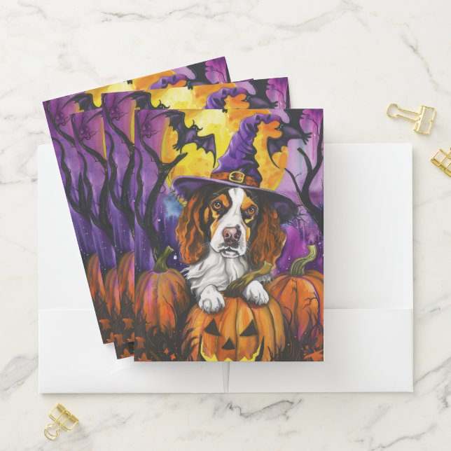 Spooky Brittany Spaniel Halloween Witch Pumpkin  Pocket Folder (In Situ)