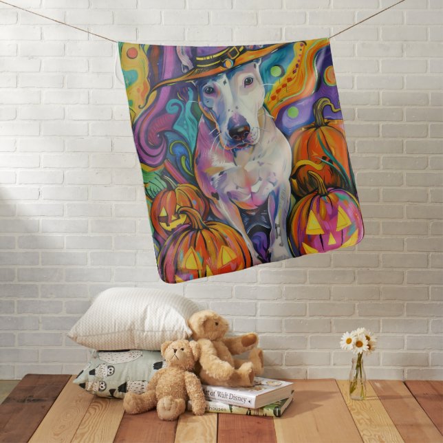 Spooky Bull Terrier Halloween Witch And Pumpkin Baby Blanket (In Situ)