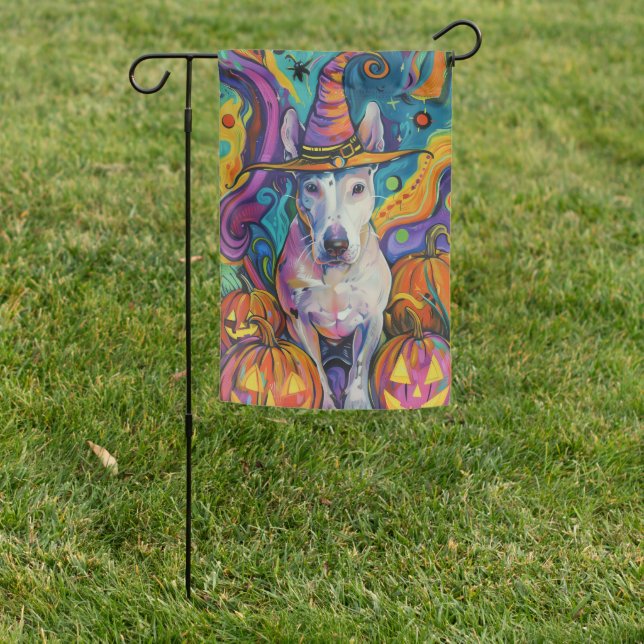 Spooky Bull Terrier Halloween Witch And Pumpkin Garden Flag (In SItu)