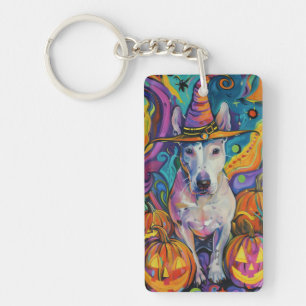 Spooky Bull Terrier Halloween Witch And Pumpkin Keychain