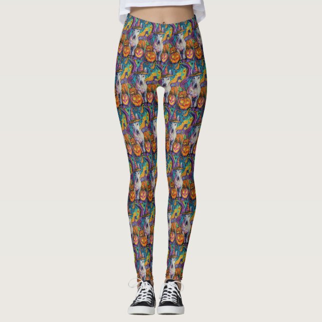 Spooky Bull Terrier Halloween Witch And Pumpkin Leggings (Front)