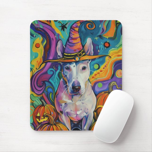Spooky Bull Terrier Halloween Witch And Pumpkin Mouse Pad (With Mouse)