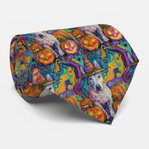 Spooky Bull Terrier Halloween Witch And Pumpkin Neck Tie