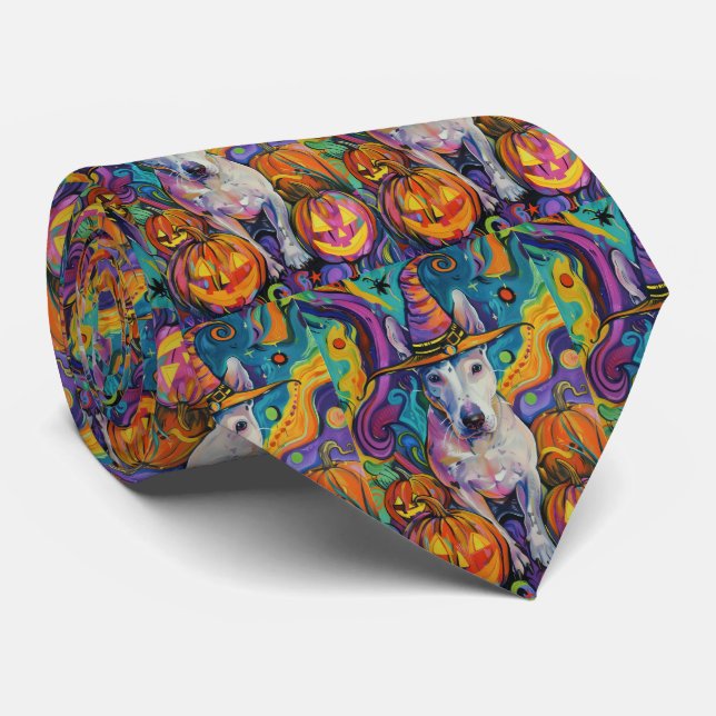 Spooky Bull Terrier Halloween Witch And Pumpkin Neck Tie (Rolled)