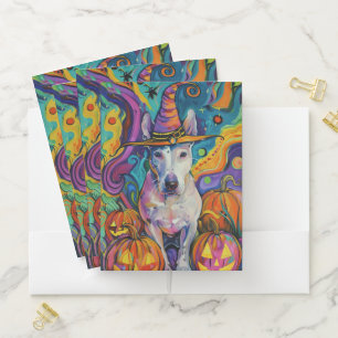 Spooky Bull Terrier Halloween Witch And Pumpkin Pocket Folder
