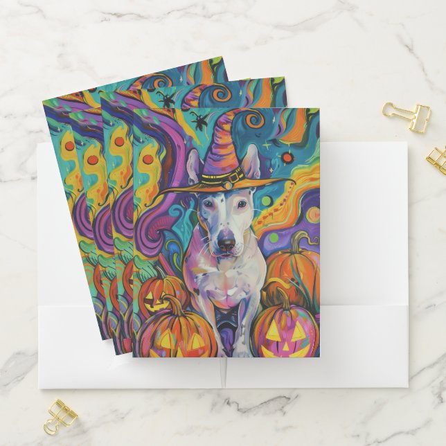 Spooky Bull Terrier Halloween Witch And Pumpkin Pocket Folder (In Situ)