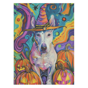 Spooky Bull Terrier Halloween Witch And Pumpkin Tablecloth