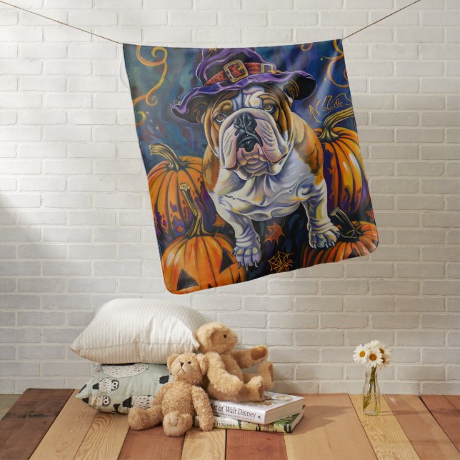 Spooky Bulldog Halloween Witch And Pumpkin Baby Blanket (In Situ)